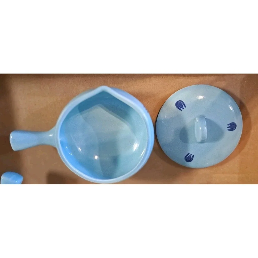 Lot Of 4 Vtg MCM Cronin Blue Tulip Mini Soup/Pot w Lid/Handle Dutch Ovenware USA